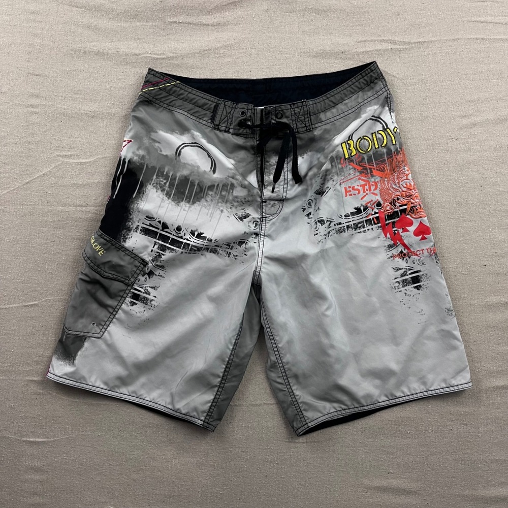 VTG Body Glove‎ Mens Board Shorts Grey Red Dragon Tribal Graphic Print Size 32